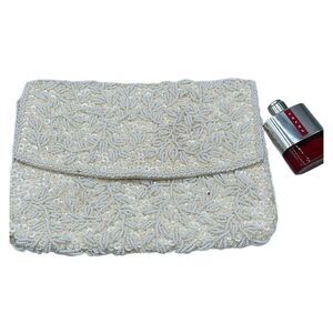 Vintage cream satin beaded clutch